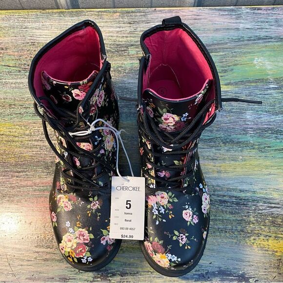 Cherokee Black and Pink Combat Boots with Floral Design - Picture 2 of 7